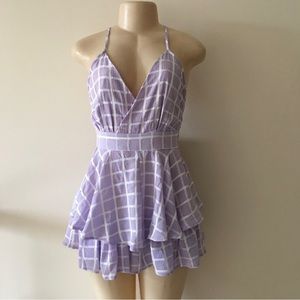Fashion Nova Light Purple Grid Pattern V-neck Strappy Ruffle Romper